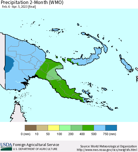 Papua New Guinea Precipitation 2-Month (WMO) Thematic Map For 2/6/2023 - 4/5/2023