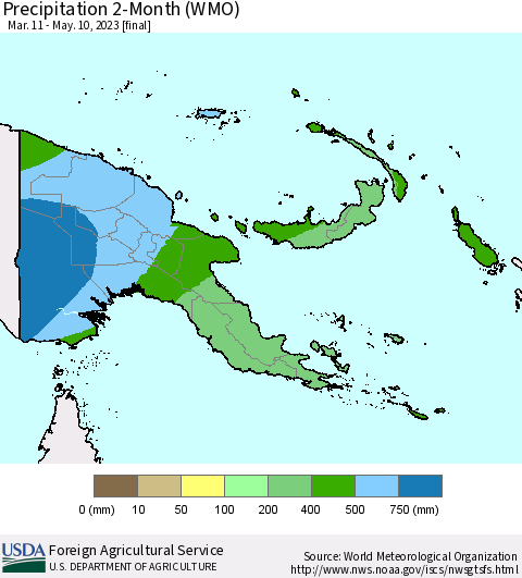 Papua New Guinea Precipitation 2-Month (WMO) Thematic Map For 3/11/2023 - 5/10/2023