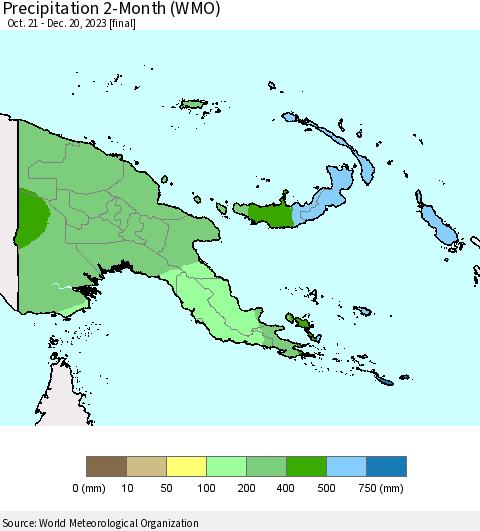 Papua New Guinea Precipitation 2-Month (WMO) Thematic Map For 10/21/2023 - 12/20/2023