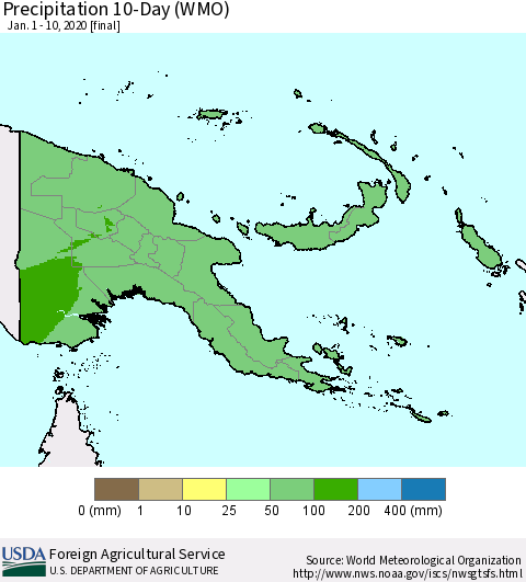 Papua New Guinea Precipitation 10-Day (WMO) Thematic Map For 1/1/2020 - 1/10/2020
