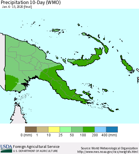 Papua New Guinea Precipitation 10-Day (WMO) Thematic Map For 1/6/2020 - 1/15/2020