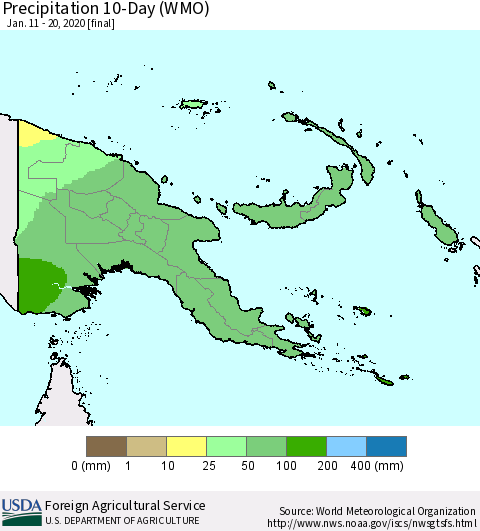 Papua New Guinea Precipitation 10-Day (WMO) Thematic Map For 1/11/2020 - 1/20/2020