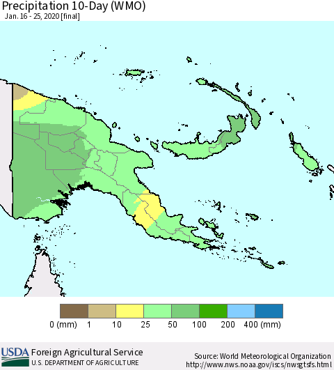 Papua New Guinea Precipitation 10-Day (WMO) Thematic Map For 1/16/2020 - 1/25/2020