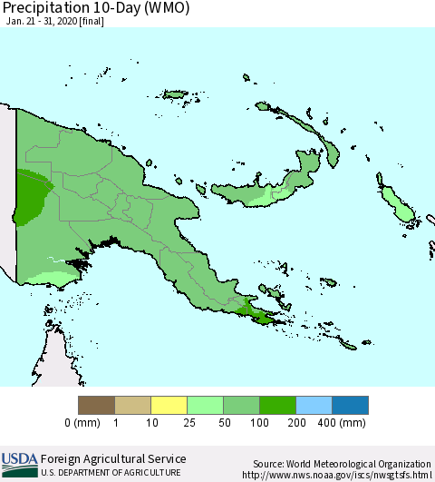 Papua New Guinea Precipitation 10-Day (WMO) Thematic Map For 1/21/2020 - 1/31/2020