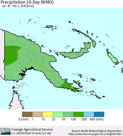 Papua New Guinea Precipitation 10-Day (WMO) Thematic Map For 1/26/2020 - 2/5/2020