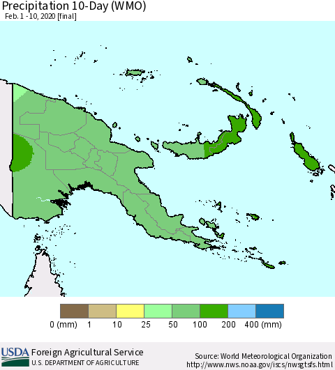 Papua New Guinea Precipitation 10-Day (WMO) Thematic Map For 2/1/2020 - 2/10/2020