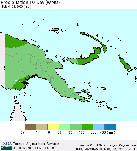 Papua New Guinea Precipitation 10-Day (WMO) Thematic Map For 2/6/2020 - 2/15/2020