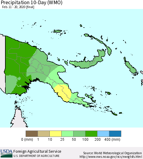 Papua New Guinea Precipitation 10-Day (WMO) Thematic Map For 2/11/2020 - 2/20/2020