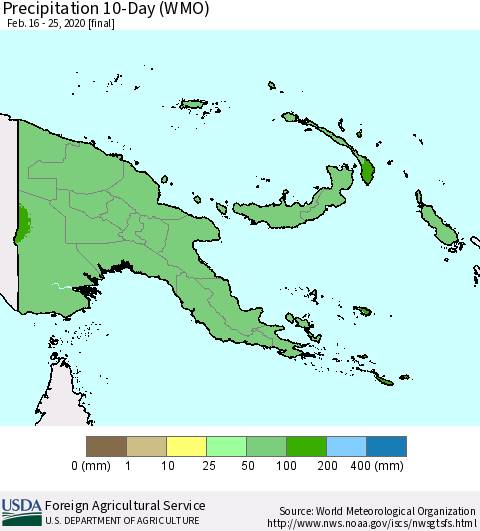 Papua New Guinea Precipitation 10-Day (WMO) Thematic Map For 2/16/2020 - 2/25/2020
