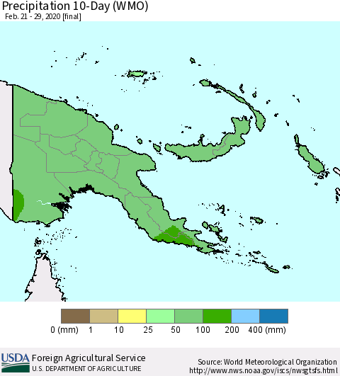Papua New Guinea Precipitation 10-Day (WMO) Thematic Map For 2/21/2020 - 2/29/2020