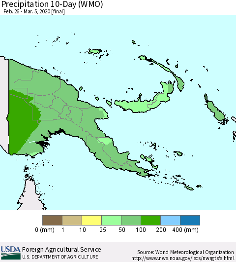 Papua New Guinea Precipitation 10-Day (WMO) Thematic Map For 2/26/2020 - 3/5/2020