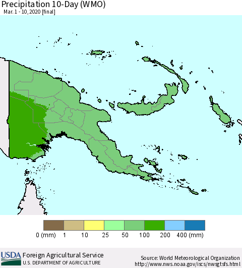 Papua New Guinea Precipitation 10-Day (WMO) Thematic Map For 3/1/2020 - 3/10/2020