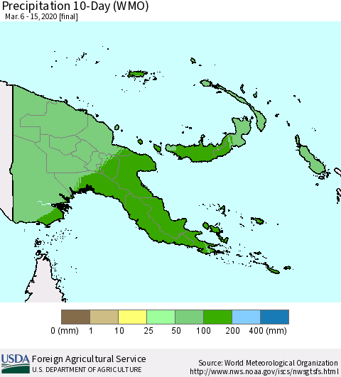 Papua New Guinea Precipitation 10-Day (WMO) Thematic Map For 3/6/2020 - 3/15/2020
