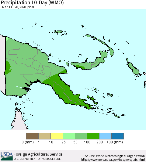 Papua New Guinea Precipitation 10-Day (WMO) Thematic Map For 3/11/2020 - 3/20/2020