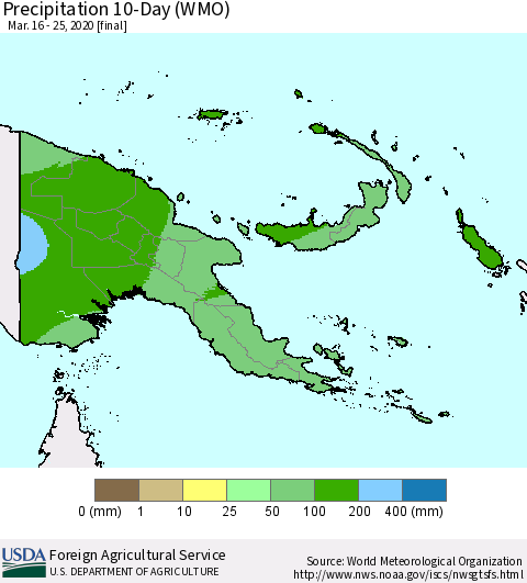Papua New Guinea Precipitation 10-Day (WMO) Thematic Map For 3/16/2020 - 3/25/2020