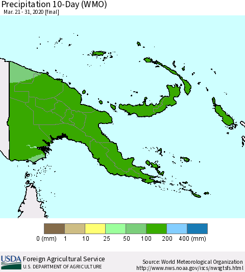 Papua New Guinea Precipitation 10-Day (WMO) Thematic Map For 3/21/2020 - 3/31/2020