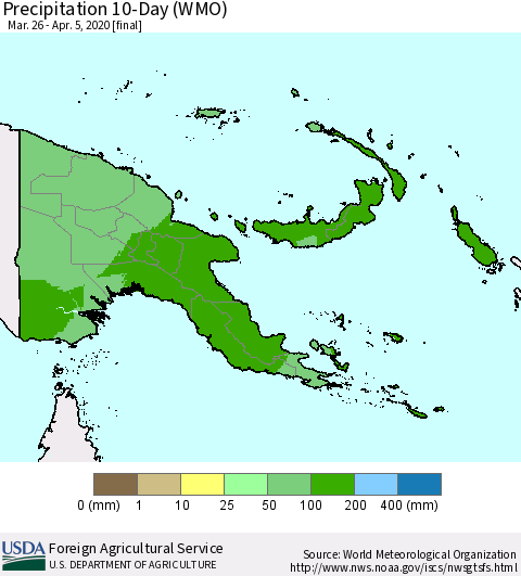 Papua New Guinea Precipitation 10-Day (WMO) Thematic Map For 3/26/2020 - 4/5/2020