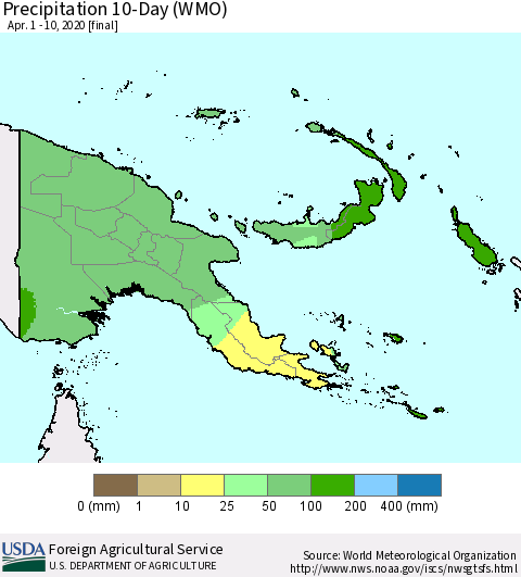 Papua New Guinea Precipitation 10-Day (WMO) Thematic Map For 4/1/2020 - 4/10/2020
