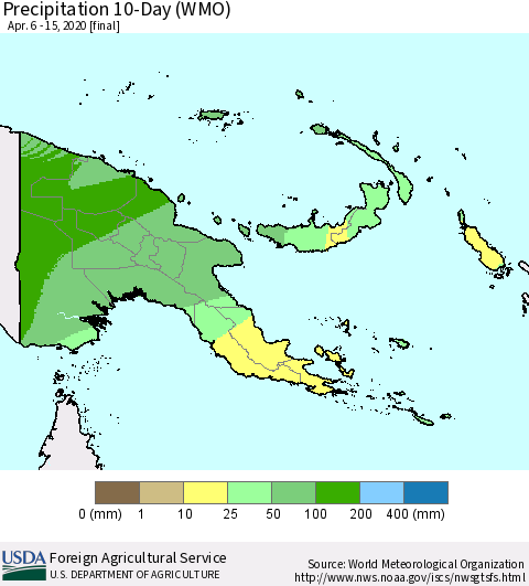 Papua New Guinea Precipitation 10-Day (WMO) Thematic Map For 4/6/2020 - 4/15/2020