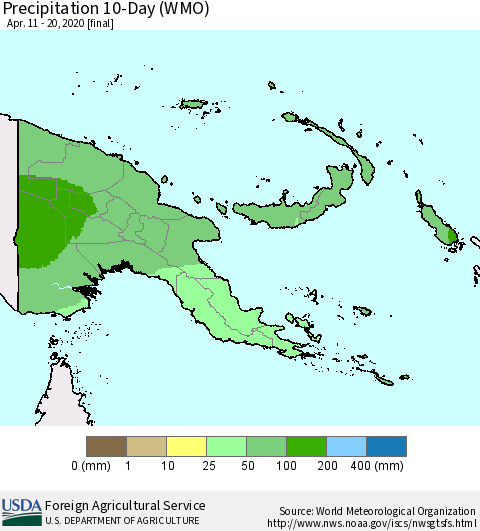 Papua New Guinea Precipitation 10-Day (WMO) Thematic Map For 4/11/2020 - 4/20/2020