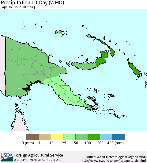 Papua New Guinea Precipitation 10-Day (WMO) Thematic Map For 4/16/2020 - 4/25/2020