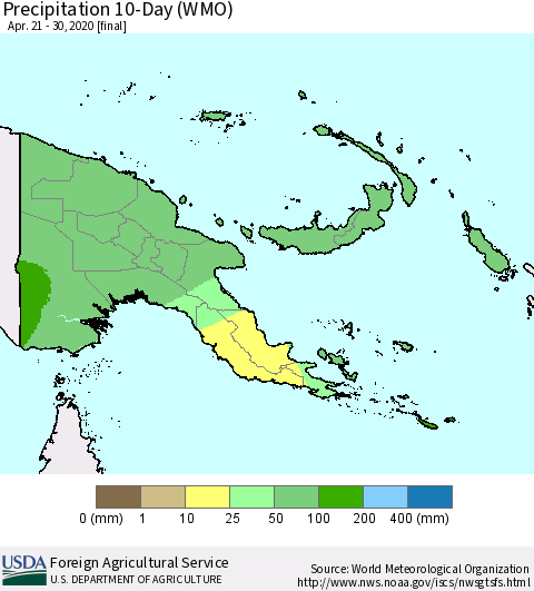 Papua New Guinea Precipitation 10-Day (WMO) Thematic Map For 4/21/2020 - 4/30/2020