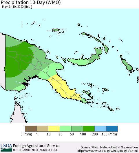 Papua New Guinea Precipitation 10-Day (WMO) Thematic Map For 5/1/2020 - 5/10/2020