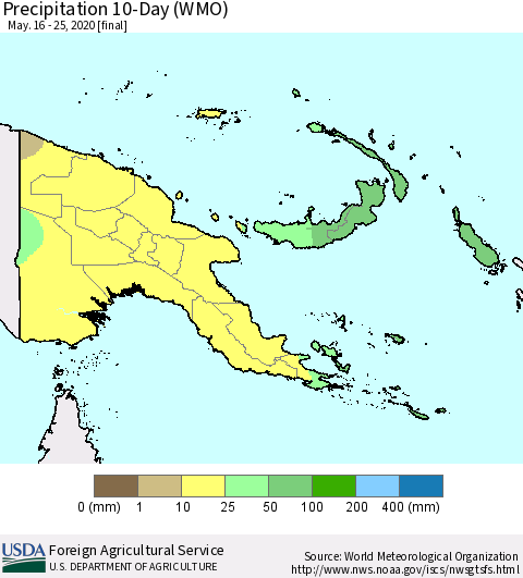Papua New Guinea Precipitation 10-Day (WMO) Thematic Map For 5/16/2020 - 5/25/2020
