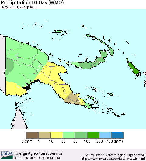 Papua New Guinea Precipitation 10-Day (WMO) Thematic Map For 5/21/2020 - 5/31/2020