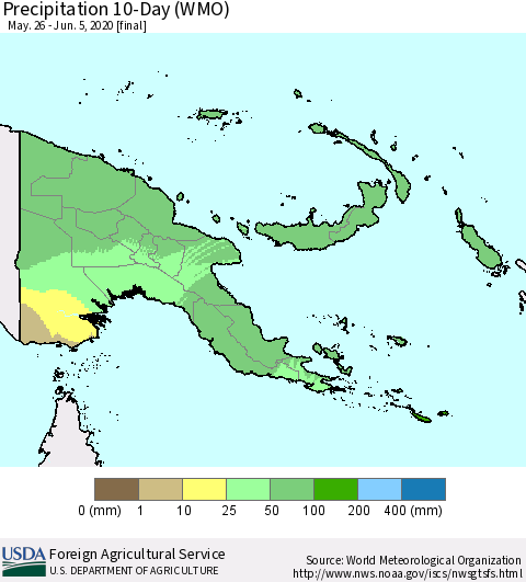 Papua New Guinea Precipitation 10-Day (WMO) Thematic Map For 5/26/2020 - 6/5/2020
