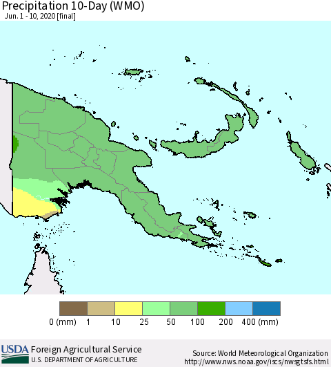 Papua New Guinea Precipitation 10-Day (WMO) Thematic Map For 6/1/2020 - 6/10/2020
