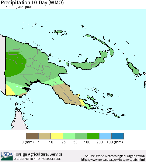 Papua New Guinea Precipitation 10-Day (WMO) Thematic Map For 6/6/2020 - 6/15/2020