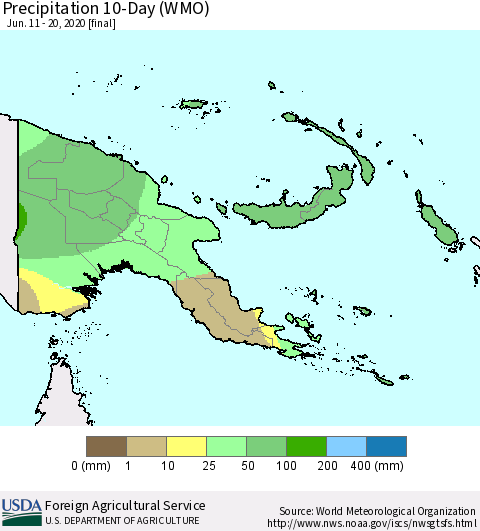 Papua New Guinea Precipitation 10-Day (WMO) Thematic Map For 6/11/2020 - 6/20/2020
