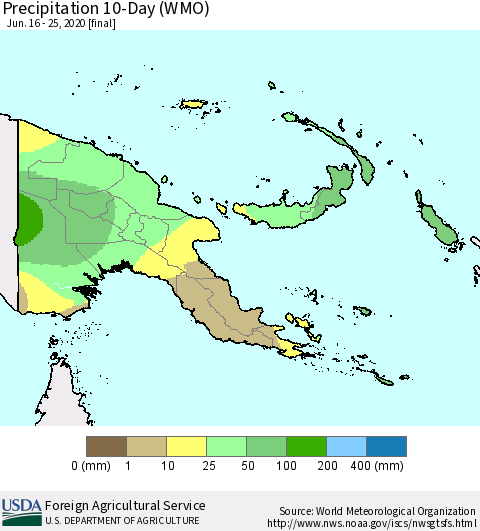 Papua New Guinea Precipitation 10-Day (WMO) Thematic Map For 6/16/2020 - 6/25/2020
