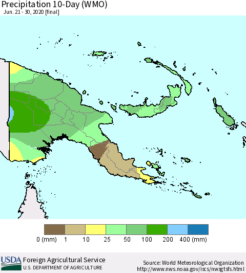 Papua New Guinea Precipitation 10-Day (WMO) Thematic Map For 6/21/2020 - 6/30/2020