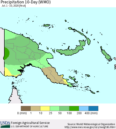 Papua New Guinea Precipitation 10-Day (WMO) Thematic Map For 7/1/2020 - 7/10/2020