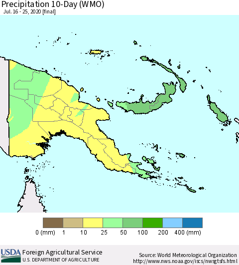 Papua New Guinea Precipitation 10-Day (WMO) Thematic Map For 7/16/2020 - 7/25/2020
