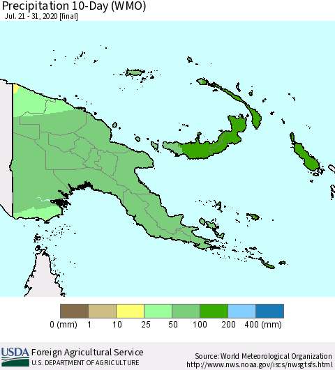 Papua New Guinea Precipitation 10-Day (WMO) Thematic Map For 7/21/2020 - 7/31/2020