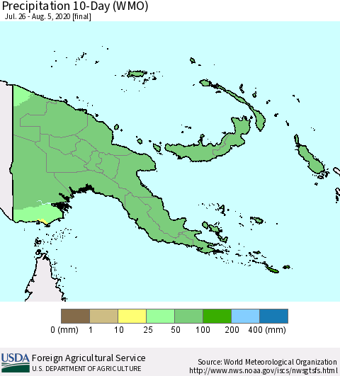 Papua New Guinea Precipitation 10-Day (WMO) Thematic Map For 7/26/2020 - 8/5/2020
