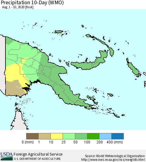 Papua New Guinea Precipitation 10-Day (WMO) Thematic Map For 8/1/2020 - 8/10/2020