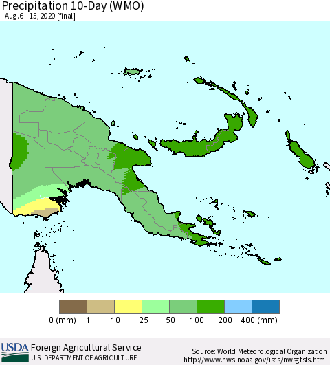 Papua New Guinea Precipitation 10-Day (WMO) Thematic Map For 8/6/2020 - 8/15/2020