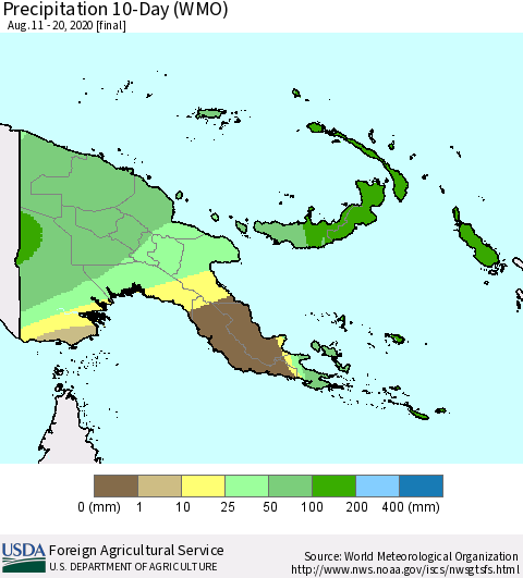 Papua New Guinea Precipitation 10-Day (WMO) Thematic Map For 8/11/2020 - 8/20/2020