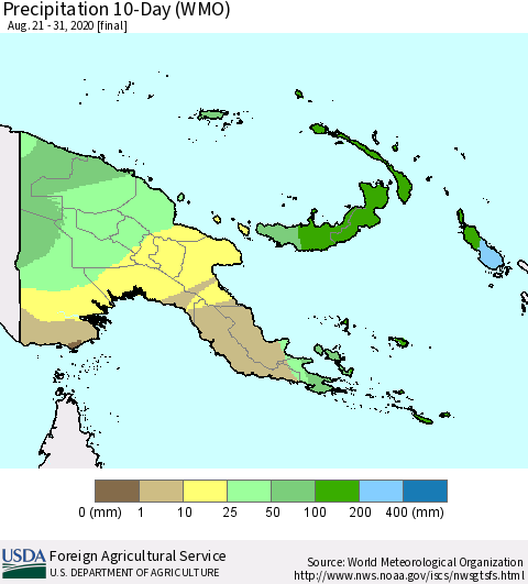 Papua New Guinea Precipitation 10-Day (WMO) Thematic Map For 8/21/2020 - 8/31/2020