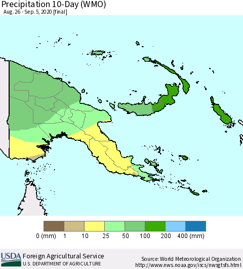 Papua New Guinea Precipitation 10-Day (WMO) Thematic Map For 8/26/2020 - 9/5/2020