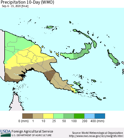 Papua New Guinea Precipitation 10-Day (WMO) Thematic Map For 9/6/2020 - 9/15/2020