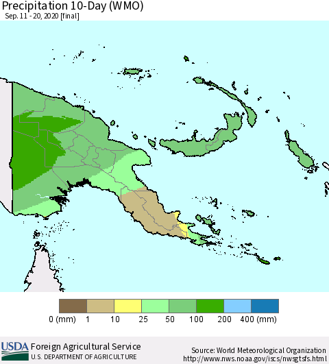 Papua New Guinea Precipitation 10-Day (WMO) Thematic Map For 9/11/2020 - 9/20/2020