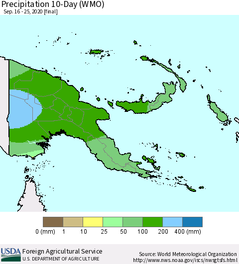 Papua New Guinea Precipitation 10-Day (WMO) Thematic Map For 9/16/2020 - 9/25/2020