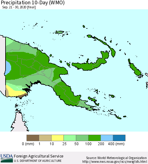 Papua New Guinea Precipitation 10-Day (WMO) Thematic Map For 9/21/2020 - 9/30/2020
