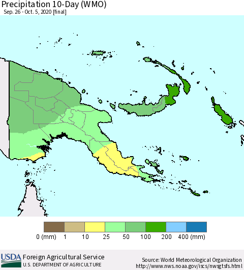 Papua New Guinea Precipitation 10-Day (WMO) Thematic Map For 9/26/2020 - 10/5/2020