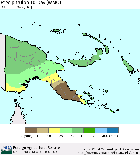 Papua New Guinea Precipitation 10-Day (WMO) Thematic Map For 10/1/2020 - 10/10/2020